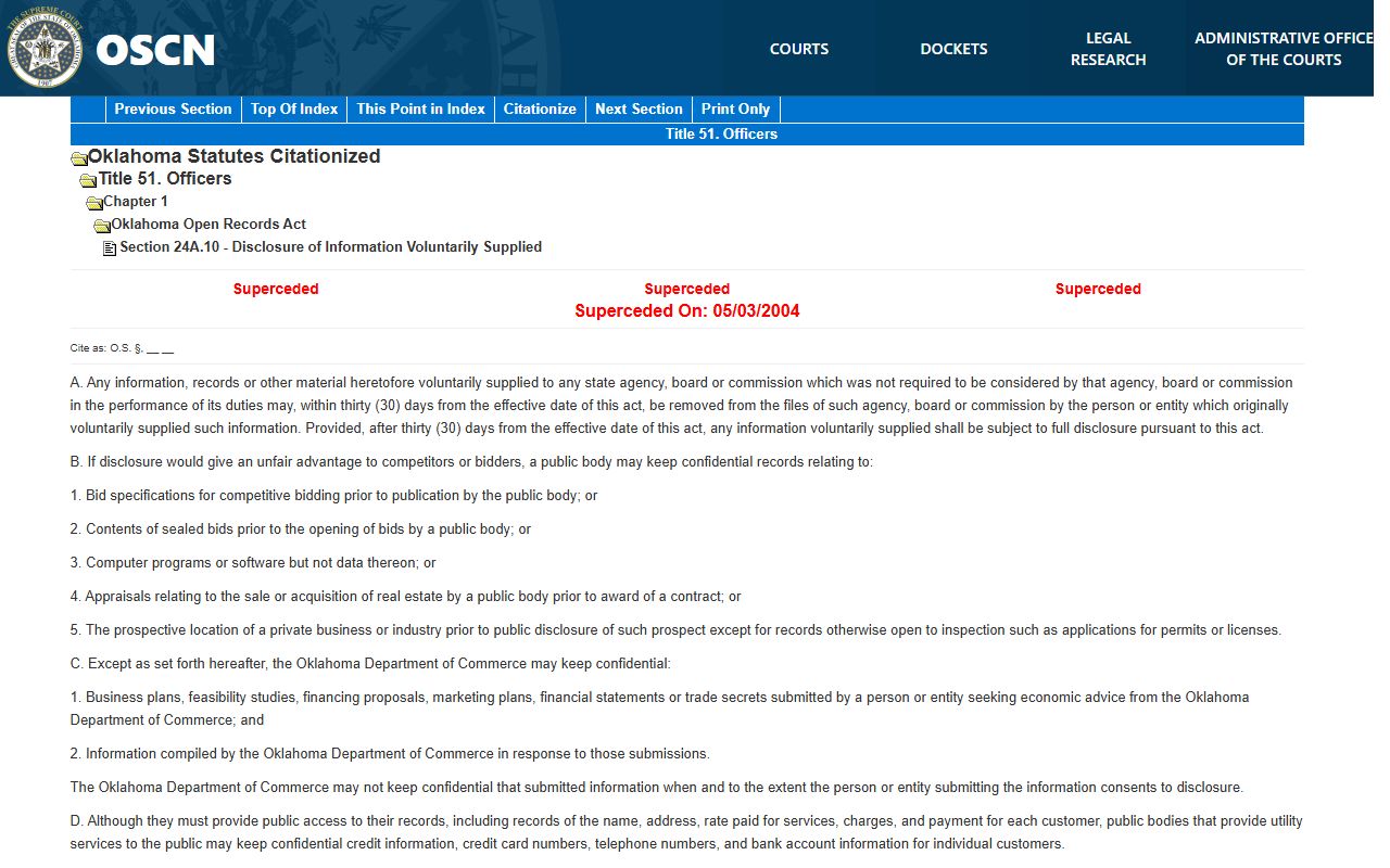 Oklahoma 51 O.S. 24A.5 statute governing confidential Murray County court records