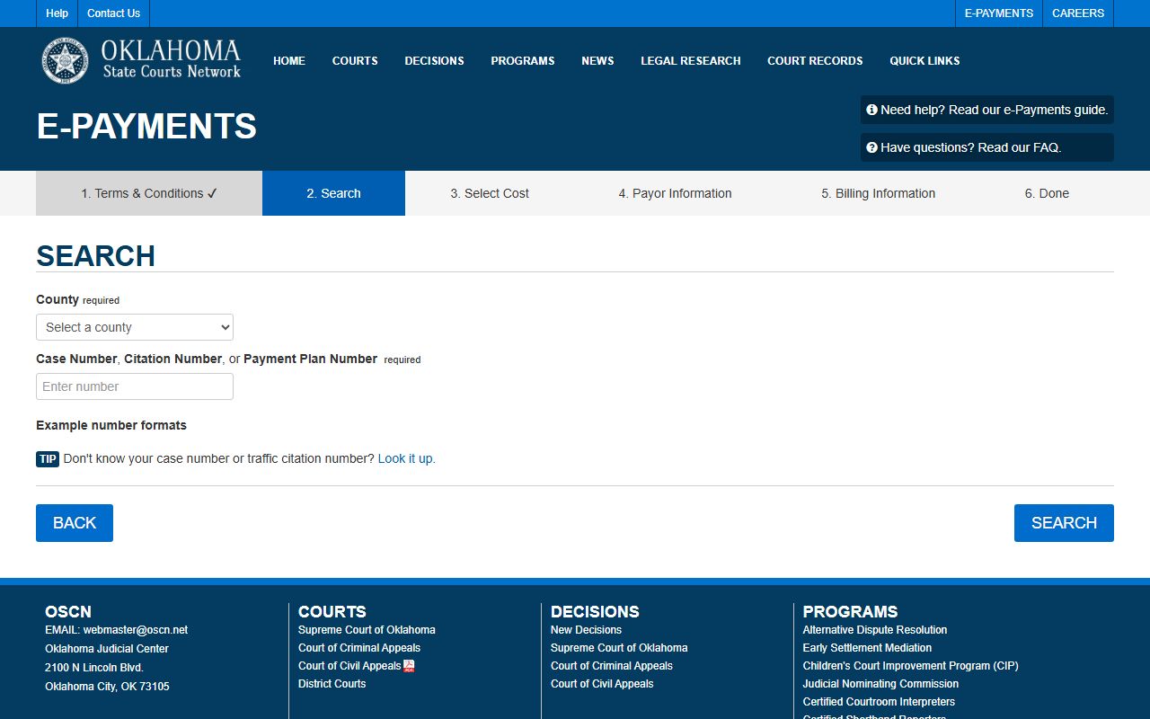 OSCN e-Payments search screen showing sample Murray County court records payment fields