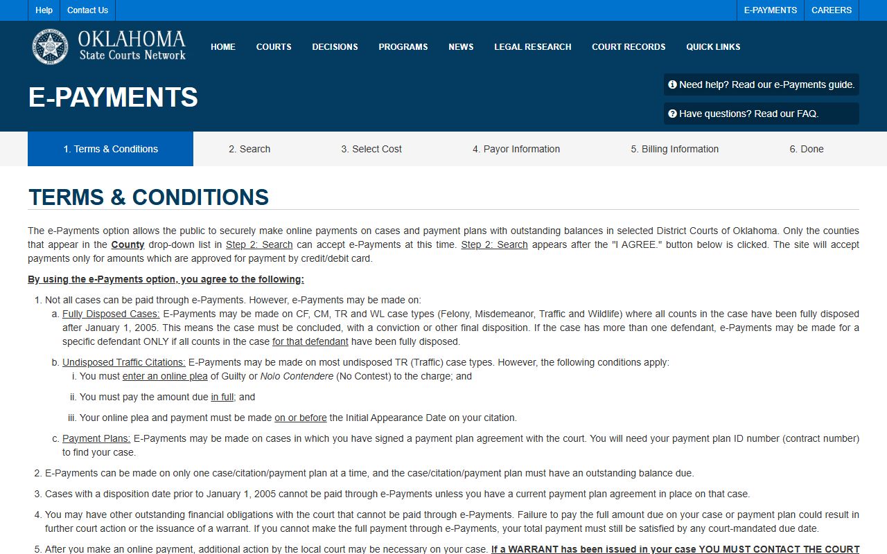 OSCN e-Payments terms page used to pay Murray County court records balances online