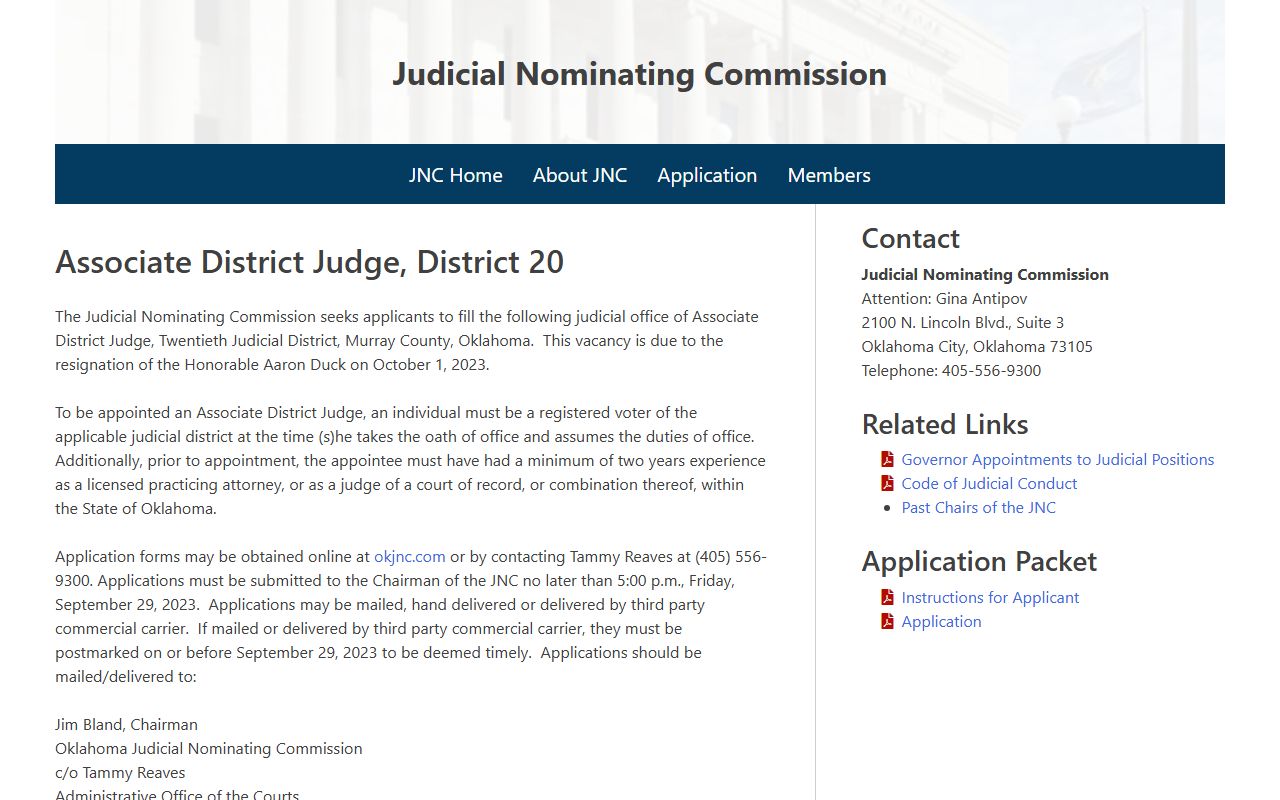 Murray County District Court judge selection record for District 20 from the Judicial Nominating Commission