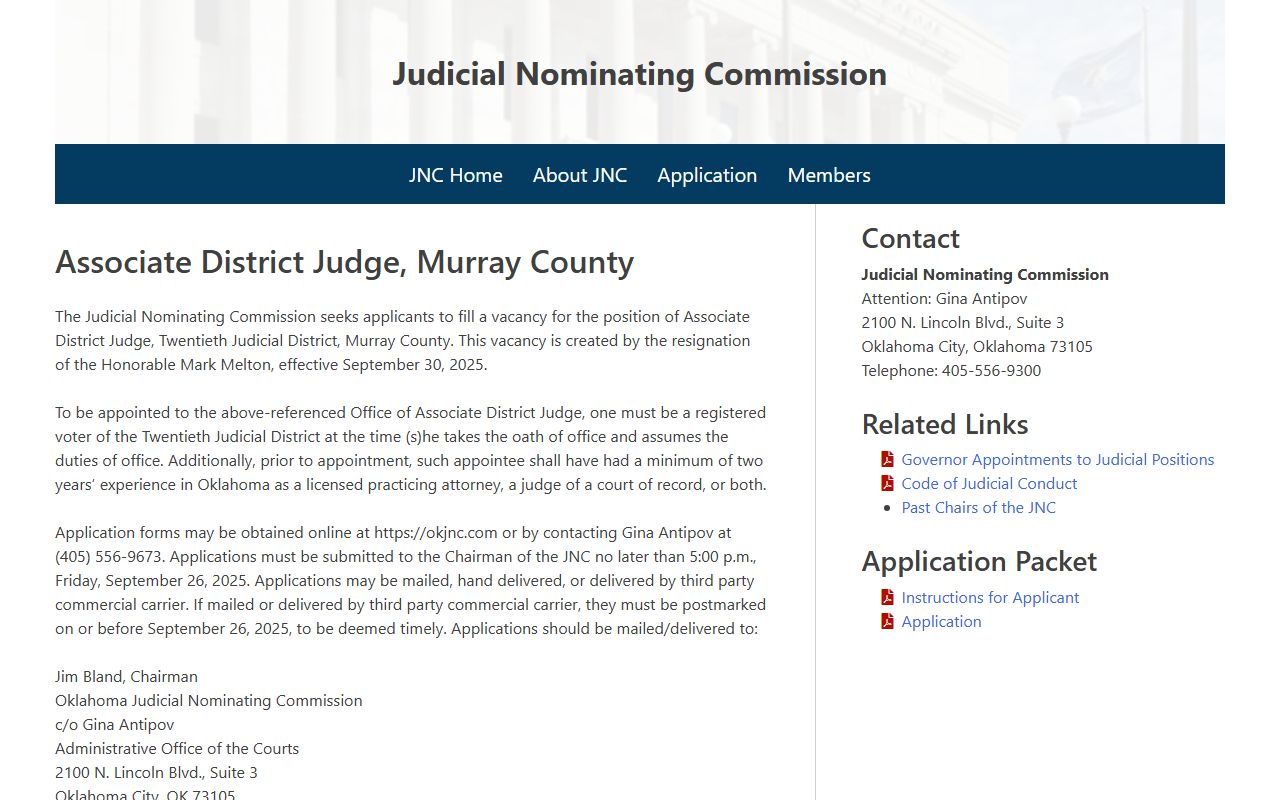 Murray County District Court associate judge vacancy notice from the Judicial Nominating Commission