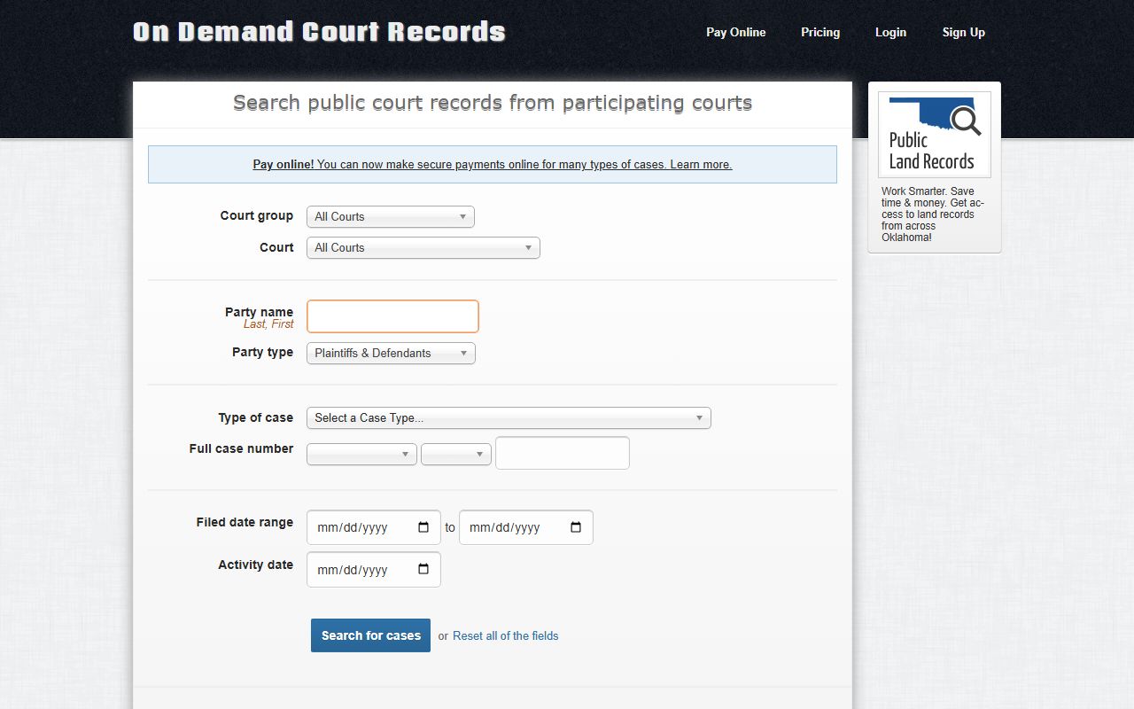 ODCR public search for Murray County court records and case filings