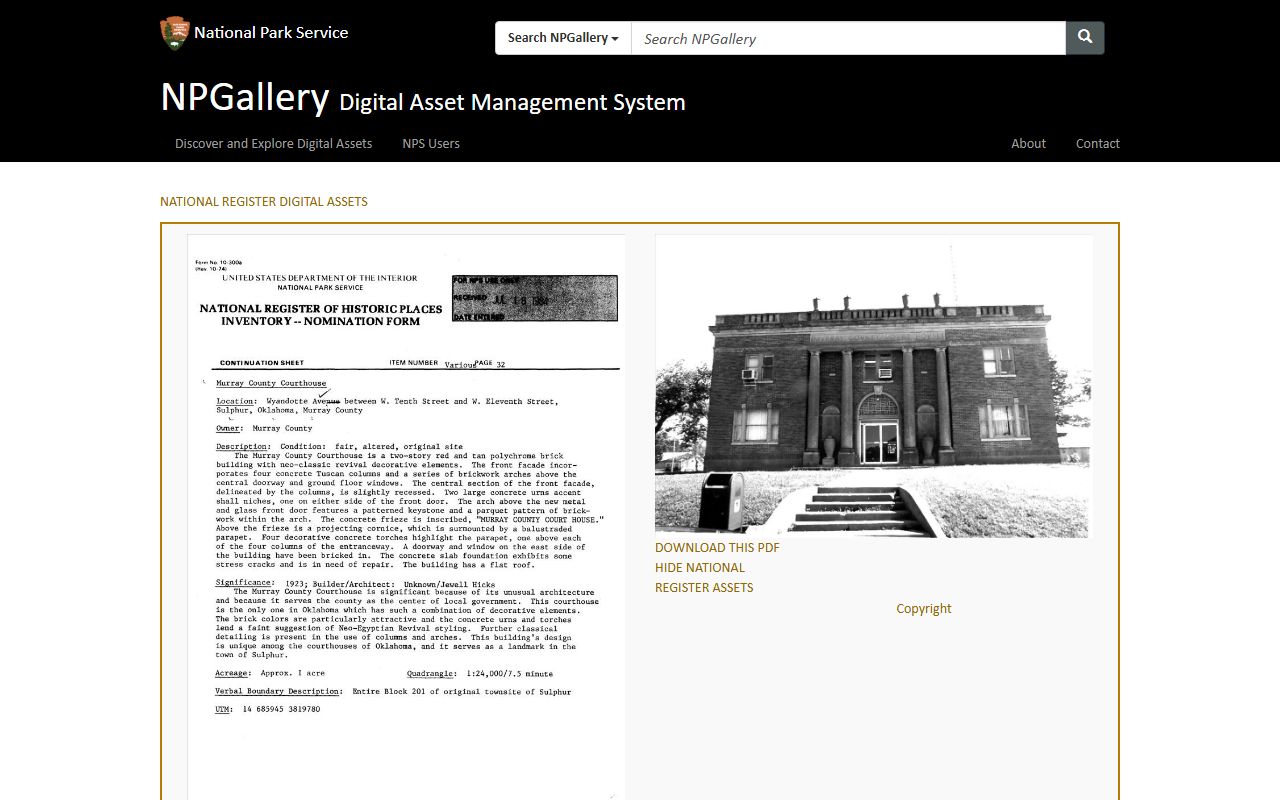 National Park Service listing for the Murray County courthouse holding court records