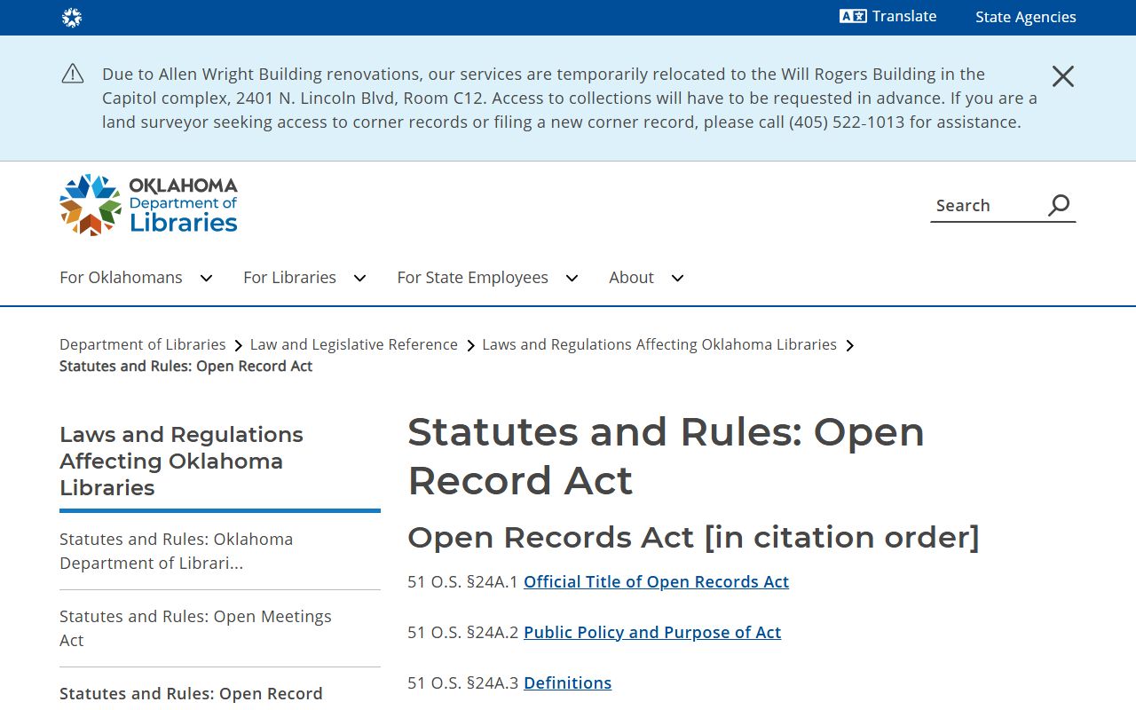 Oklahoma Open Records Act index governing Murray County court records access