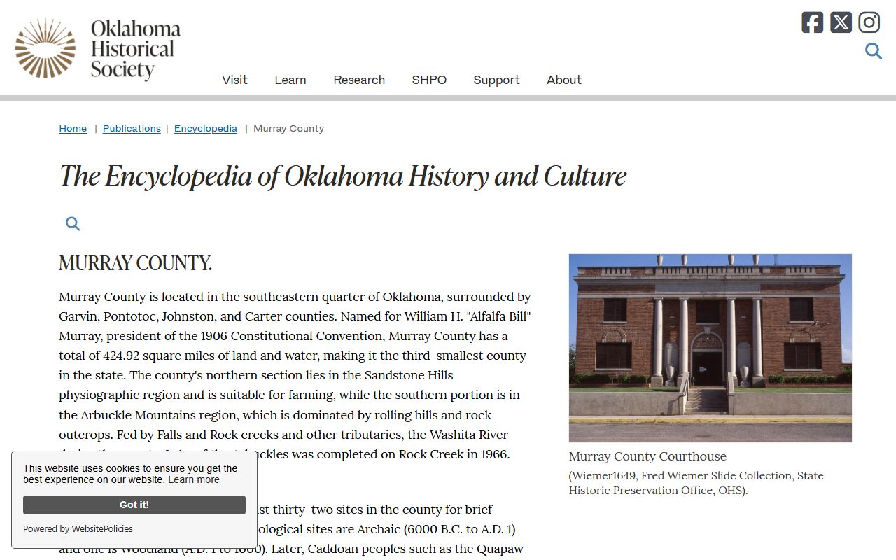Oklahoma Historical Society source for Murray County court records history