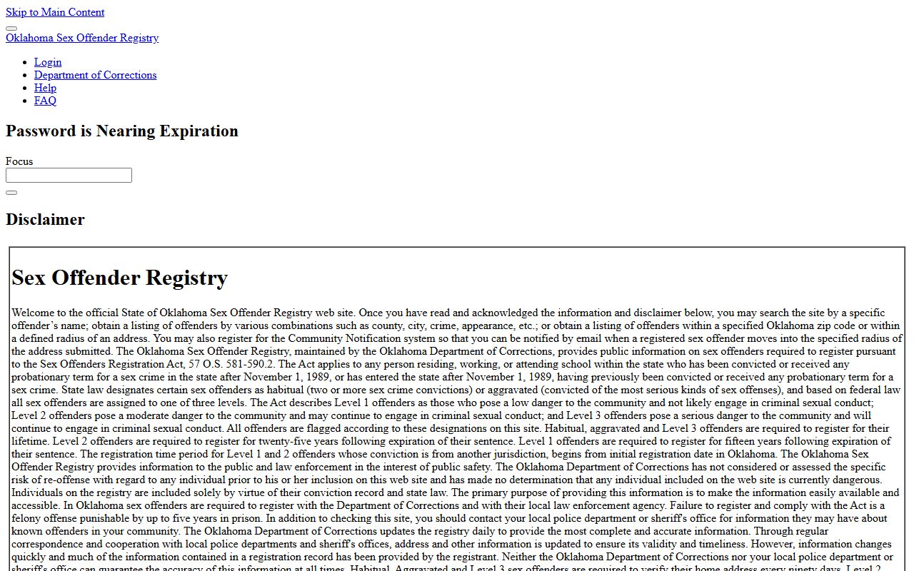 Murray County inmate and offender check on the Oklahoma Sex Offender Registry